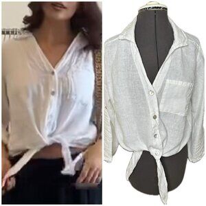 Meo Meli Women’s 100% Linen Front Tie Top Shirt White M Italy